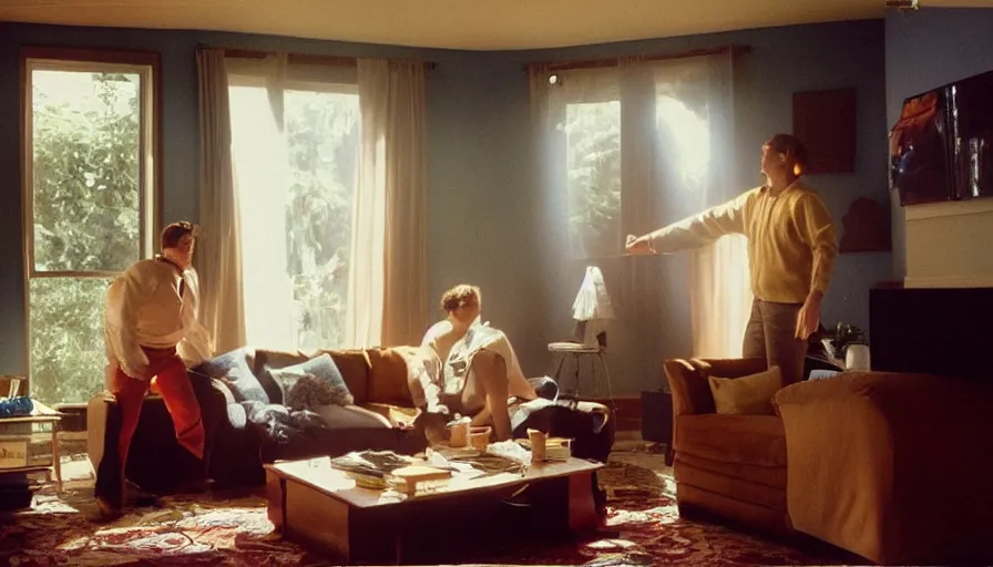 Prompt: 1990s candid 35mm photo of a beautiful day in the living room, cinematic lighting, cinematic look, golden hour, a very large magical salesman is hanging out of the TV and trying to sell the family a car, Sports car in the room, portal energy coming out of the TV, UHD