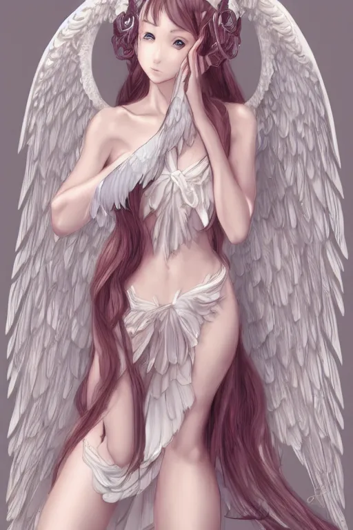 Image similar to Portrait of beautiful anime maiden with angelic wings, intricate, elegant, highly detailed, artstation, concept art, illustration, art by Range Murata