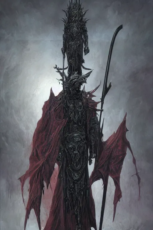 Image similar to Distorted god knight with face of Nicolas Cage in dark robe with a giant reaper scythe, dark fantasy, intricate, highly detailed, smooth, artstation, painted by Wayne Barlowe, zdislav beksinski, Francis Bacon