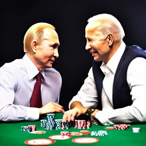 Image similar to Putin playing poker with Biden in a dark scary room, both are smoking, noir