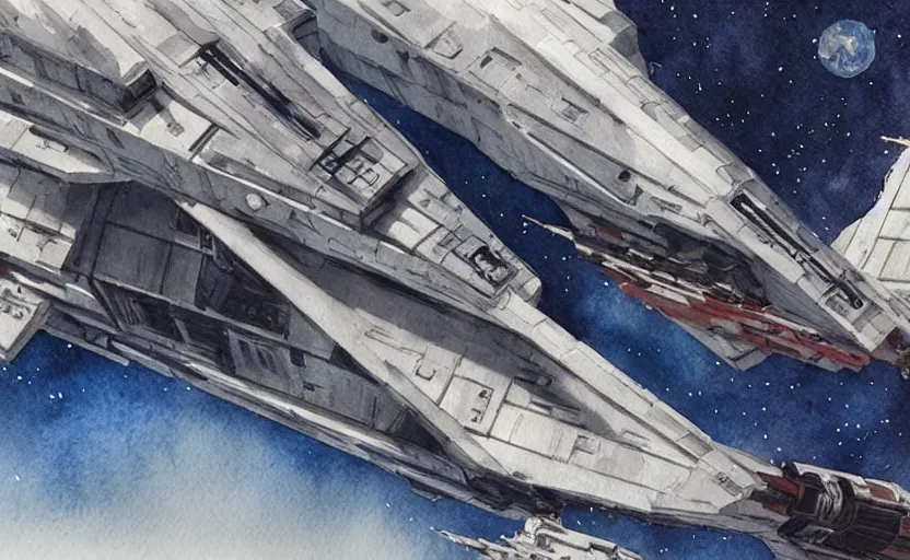 Prompt: concept art of a star wars ships, pinterest, artstation trending, behance, watercolor, by coby whitmore, silver, laser light,