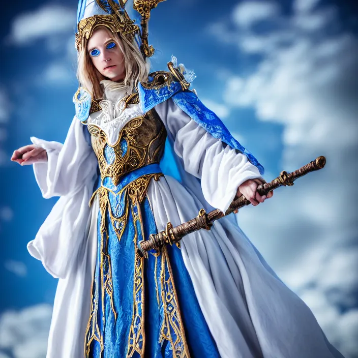 Image similar to photograph of a real-life beautiful sky witch with ornate white and blue robes and staff. Extremely detailed. 8k