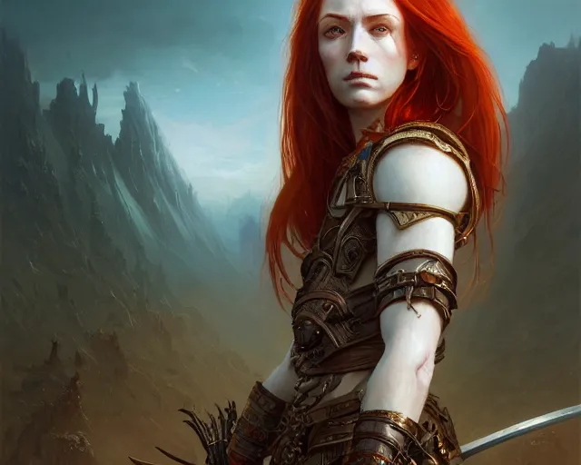 Image similar to highly detailed portrait of a warrior redhead woman, elden ring, stephen bliss, fantasy art by greg rutkowski, loish, rhads, ferdinand knab, makoto shinkai and lois van baarle, ilya kuvshinov, rossdraws, tom bagshaw, global illumination, radiant light, detailed and intricate environment