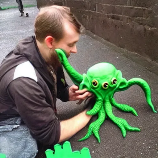 Prompt: cute little Cthulhu playing with kids