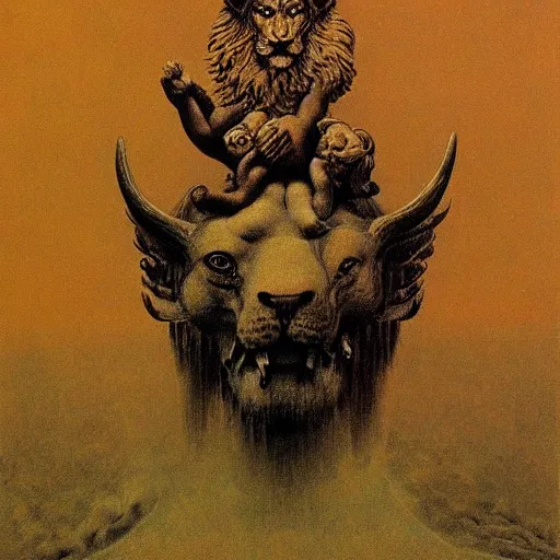 Image similar to cherub with four faces : man, lion, eagle, bull. drawn by zdzislaw beksinski