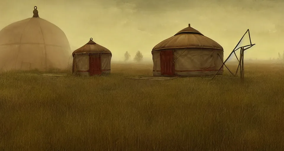 Prompt: night, yurt, in the steppe, summer field, misty background, rusty building constructions of spiral upside - down stairs on background, from the game pathologic 2, highly detailed, sharp focus, matte painting, by isaac levitan and asher brown durand,