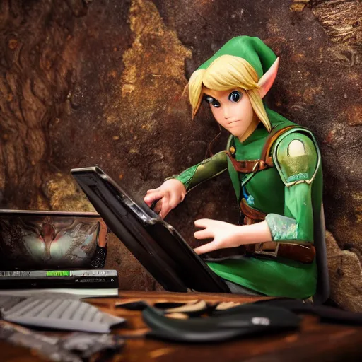 Prompt: Link from Zelda, sitting at a desk programming on a computer, close-up shot, cozy, indoor lighting, hyperdetailed, high resolution, insanely detailed and intricate, Yusuke Nakano