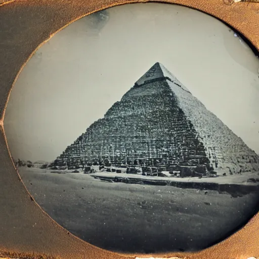 Image similar to tintype photo, underwater, pyramids falling down