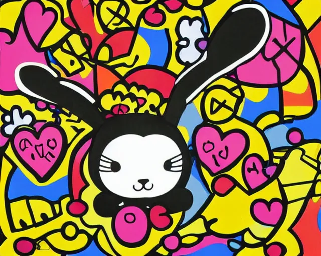 Image similar to a very cute netherland dwarf black bunny, art by romero britto