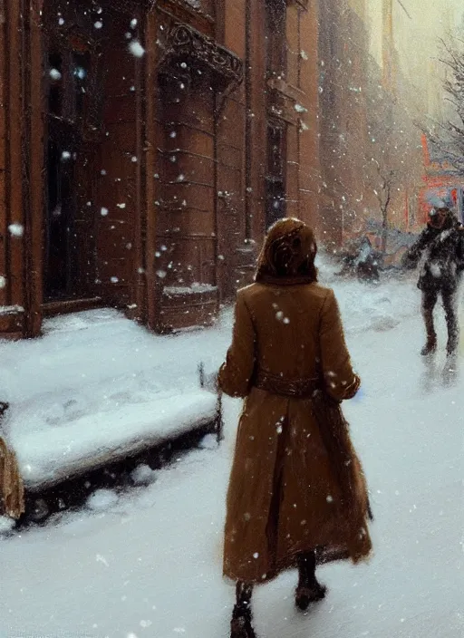 Image similar to back of emma stone in beige coat, walking into new york apartment building in winter, snow, artwork by gaston bussiere, craig mullins, trending on artstation