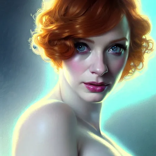 Image similar to christina hendricks wearing a white periwinkle, sci fi, glowing eyes, volumetric lights, gold theme, art nouveau botanicals, intricate, highly detailed, digital painting, artstation, concept art, smooth, sharp focus, cinematic, illustration, beautiful face, art by artgerm and greg rutkowski and alphonse mucha