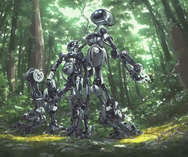 Image similar to robot in a forest, anime fantasy illustration by tomoyuki yamasaki, kyoto studio, madhouse, ufotable, comixwave films, trending on artstation