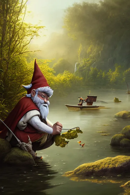 Image similar to legendary elegant gnome fishing in lake, highly detailed, d & d, fantasy, highly detailed, digital painting, trending on artstation, concept art, sharp focus, illustration, global illumination, ray tracing, realistic shaded, art by artgerm and greg rutkowski and fuji choko and viktoria gavrilenko and hoang lap