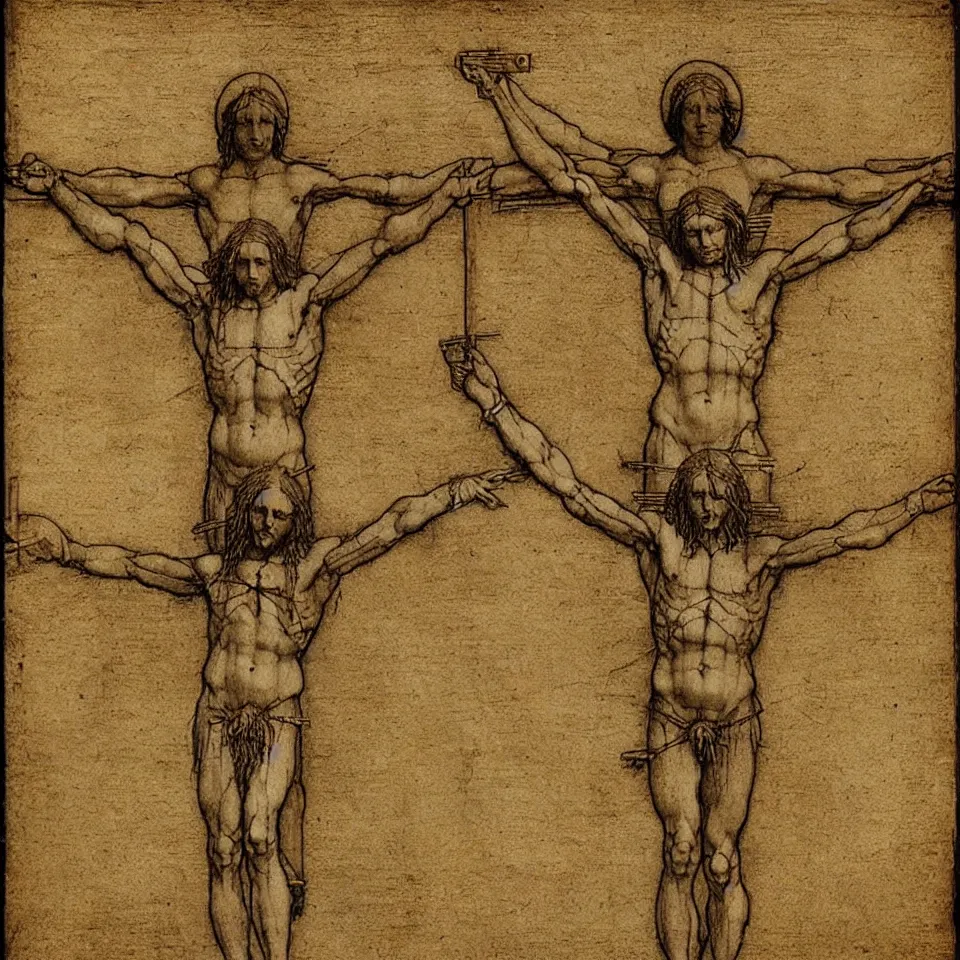 Prompt: Leonardo da Vinci's Vitruvian Man crucified on a cross, full body