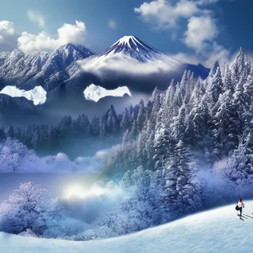 Image similar to photo realistic landscape of a Japanese village in the mountains, snow peaks. Dragon flying by