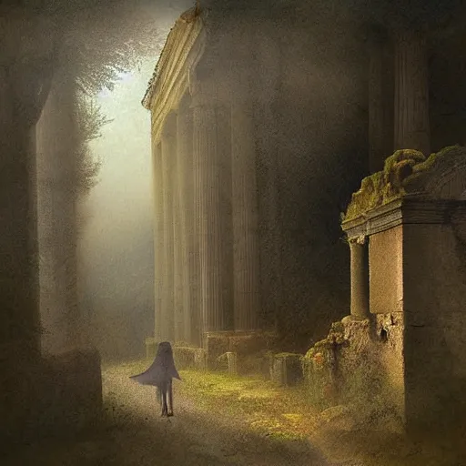 Image similar to a realistic painting hazy misty mythical spirit walking around the ruins of an old roman city in the style of elizabeth jane gardner