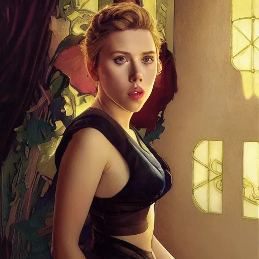 Prompt: Young Scarlett Johansson, highly detailed, digital painting, artstation, concept art, smooth, sharp focus, illustration, ArtStation, art by artgerm and greg rutkowski and alphonse mucha and J. C. Leyendecker and Edmund Blair Leighton and Katsuhiro Otomo and Geof Darrow and Phil hale and Ashley wood and Ilya repin and Charlie Bowater