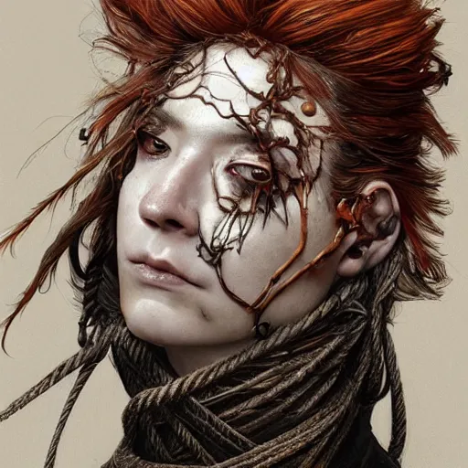 Image similar to portrait of a Shibari rope wrapped face and neck, headshot, insanely nice professional hair style, dramatic hair color, digital painting, of a old 17th century, old cyborg merchant, amber jewels, baroque, ornate clothing, scifi, realistic, hyperdetailed, chiaroscuro, concept art, art by Franz Hals and Jon Foster and Ayami Kojima and Amano and Karol Bak,