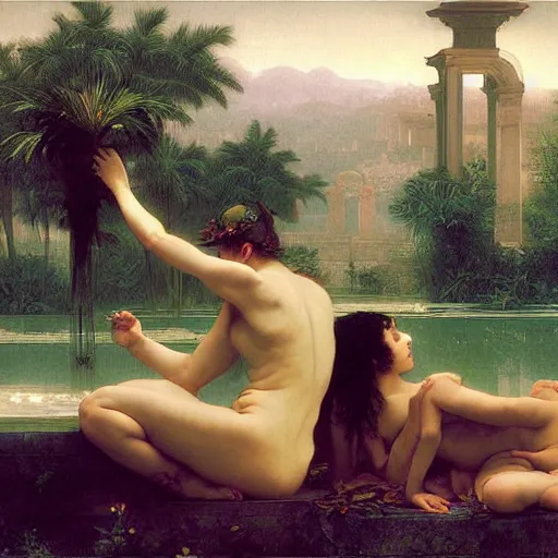 Image similar to vaporwave dreamscape, urban decay, by bouguereau