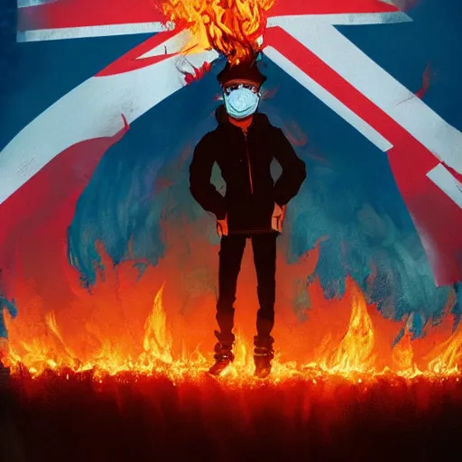 Image similar to people violently protest in London, burning buildings, Brexit flag in flames, 2d, ultra highly detailed, digital painting, smooth, sharp focus, artstation, pixiv, art by Ilya Kuvshinov