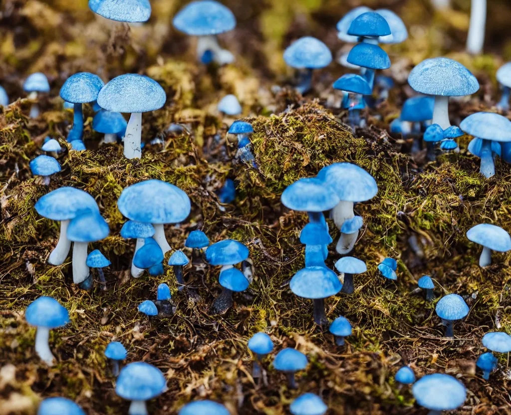 Prompt: blue forest, glowing mushrooms, sigma lens, strong bokeh, photography, highly detailed, 8 5 mm, f / 1. 3