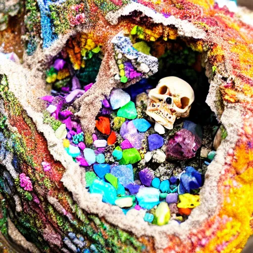 Image similar to tiny dinosaur skeleton inside a geode of multi-colored crystals