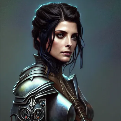 Image similar to Ashley Greene with dark blue hair as Joan of Arc wearing metal armor, western, D&D, fantasy, intricate, elegant, highly detailed, digital painting, artstation, concept art, matte, sharp focus, illustration, art by Artgerm and Greg Rutkowski and Alphonse Mucha