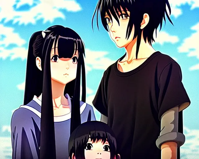 Image similar to beautiful anime girl with long black hair and bangs, two beautiful anime guys with black hair, wearing black clothes, siblings, fine details portrait, Japanese village background, bokeh. anime masterpiece by Studio Ghibli. illustration, sharp high-quality anime illustration in style of Ghibli, Ilya Kuvshinov, Artgerm