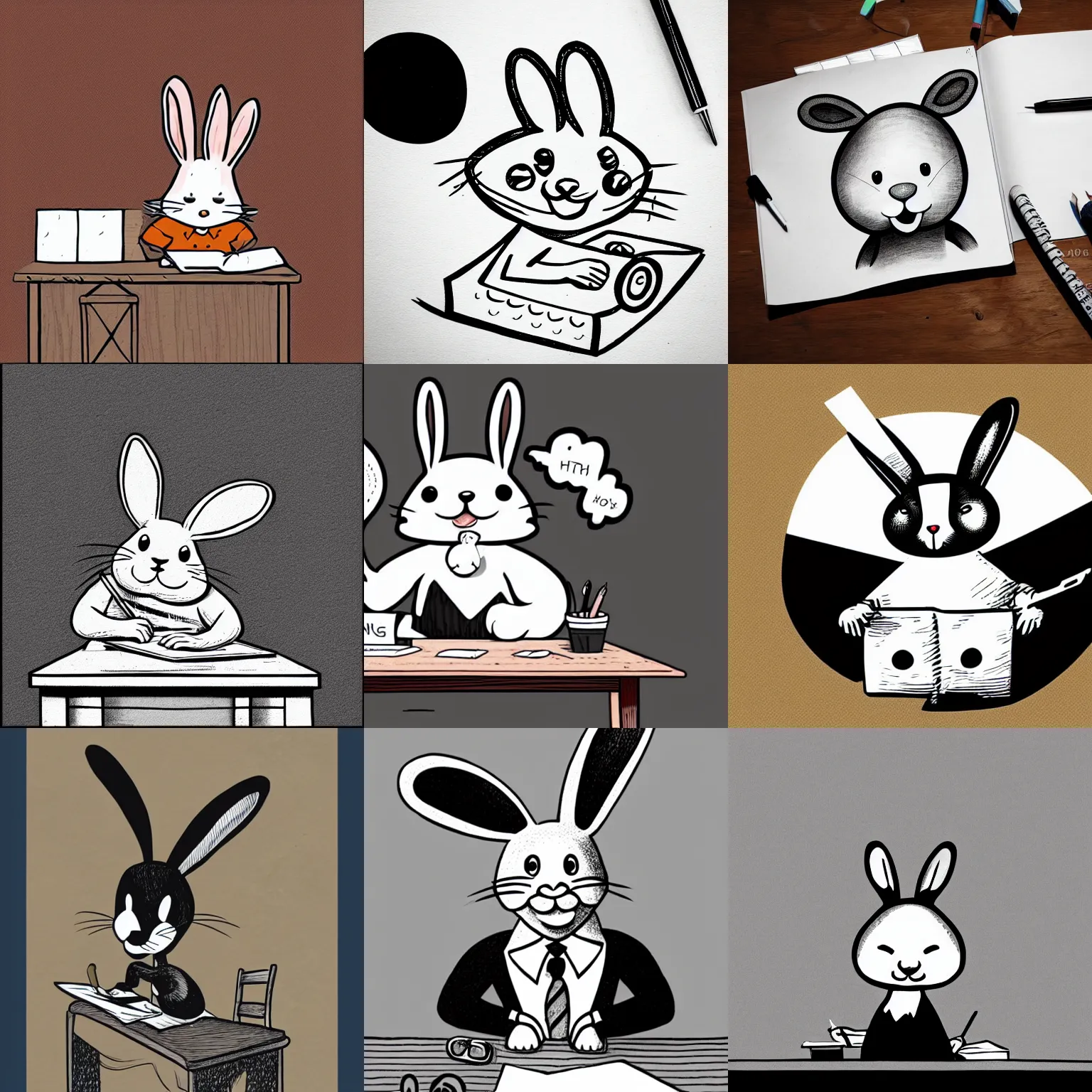 Prompt: a cute happy cartoon rabbit sitting at a desk and writing on a paper, mcbess