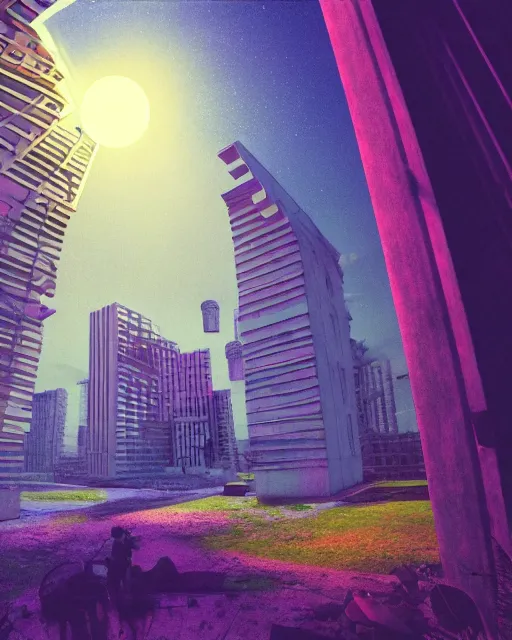 Image similar to unfinished building by peter doig, morning sun magic realism thermal imaging sunlight fisheye retrowave nature laser dramatic lighting uv light darkacademia, archdaily, wallpaper, highly detailed, trending on artstation.