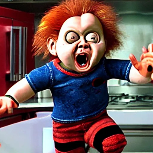 Prompt: screaming chucky doll running away and hiding from gordon ramsay