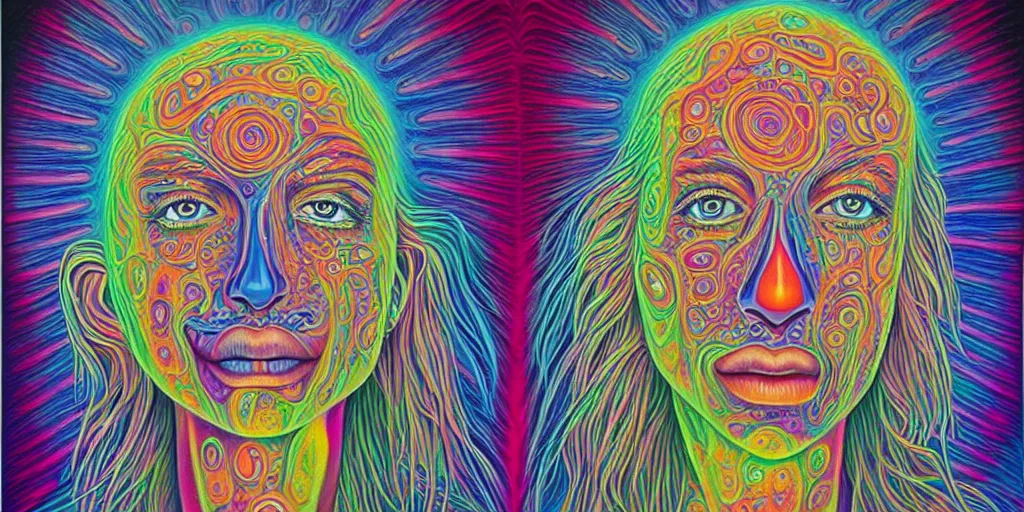 Prompt: love conciousness ( ( ( psychedelic dripping color ) ) ), detailed painting by painting by pablo amaringo alex grey