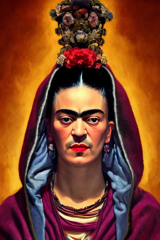 Image similar to portrait of frida kahlo with hoodie, intricate, elegant, glowing lights, highly detailed, digital painting, artstation, sharp focus, illustration, art by wlop, mars ravelo and greg rutkowski