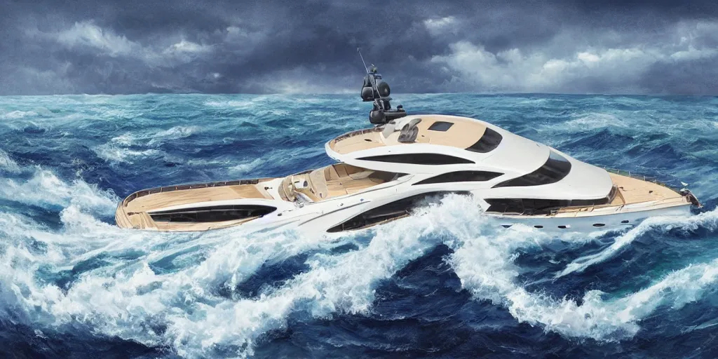 Image similar to motor yacht in a turbulent sea, 8 k, expressive, highly detailed, aiwasowski style,