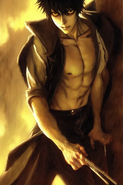 Image similar to death note, attractive male, character design, dynamic lighting, cool and bright tint, painting by gaston bussiere, craig mullins, j. c. leyendecker, tom of finland