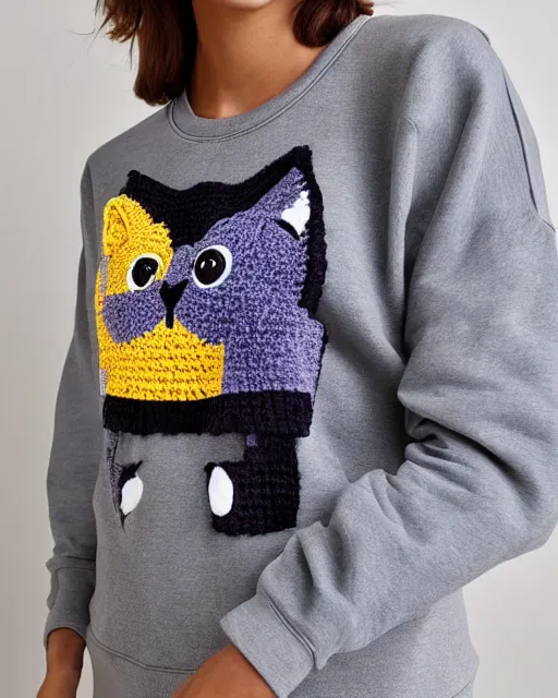 Prompt: a sweatshirt with a crochet cat on the front, catalogue photo,