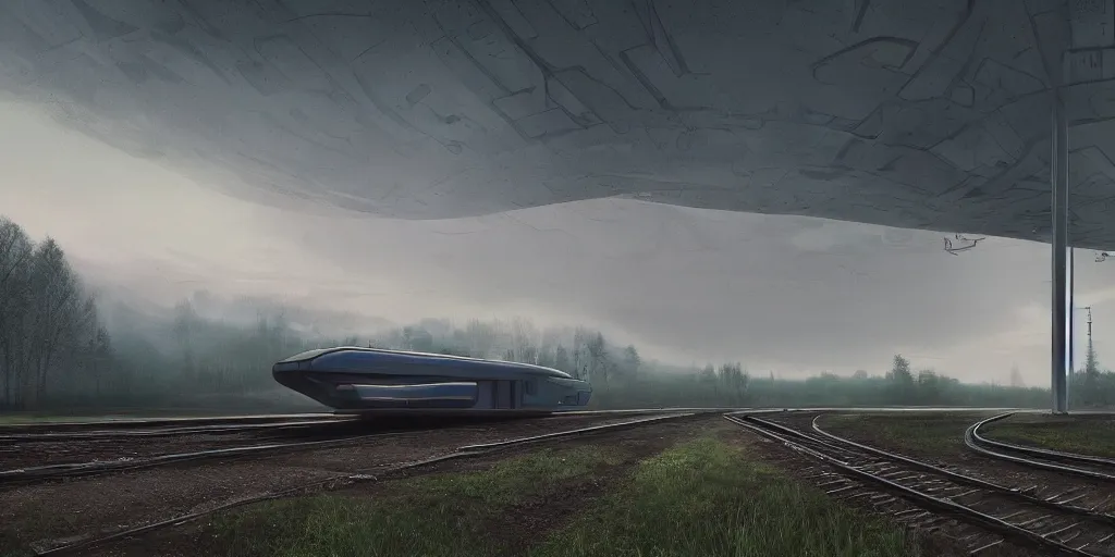 Image similar to landscape with futuristic train station in an empty field. by stalenhag. mist, fog, cyber punk, realistic, 8 k