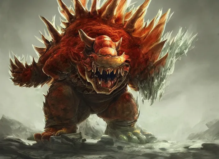 Image similar to detailed concept art of a huge giant bowser by cheng yi and luolin, aartstation, artstationhd, detailed scales, spiky and red hair tuft green scales. bowser, bowser nintendo, koopa, ~ bowser # bowser ( ( mario ) ) bcy. net, realistic. cheng yi, fire breathing. bowser