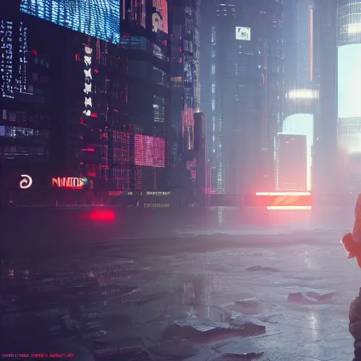 Image similar to cyberpunk samurai in a dytopian future, ultra realistic, fog, raytracing, reflections, rain, octane render