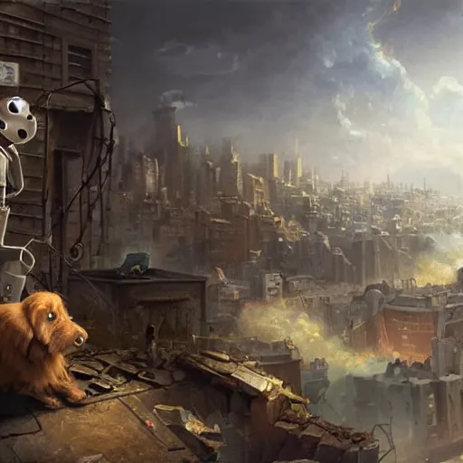 Image similar to a dog and a robot watching destroyed city from a rooftop, painting , beautiful, Concept art