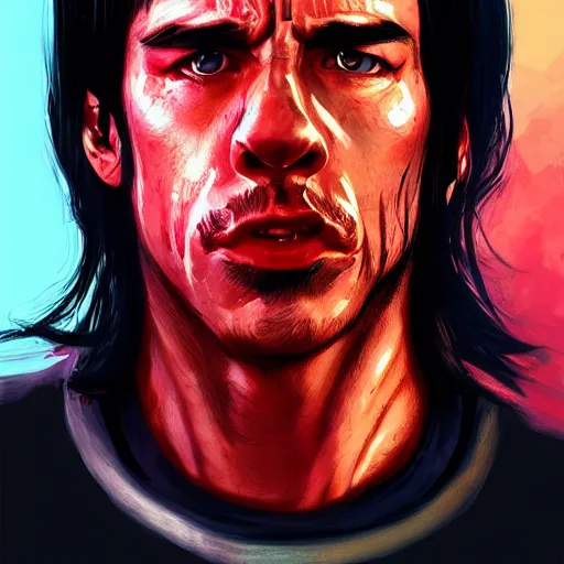 Image similar to Portrait of an Anthony Kiedis Terminator, half of his face looks like the Terminator without skin, mattepainting concept Blizzard pixar maya engine on stylized background splash comics global illumination lighting artstation lois van baarle, ilya kuvshinov, rossdraws