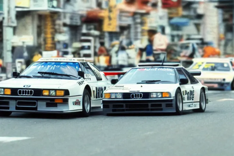 Prompt: single racecar 1988 Audi Quattro, BMW M1, movie still, footage on Tokyo streets, volumetric lighting, f8 aperture, cinematic Eastman 5384 film