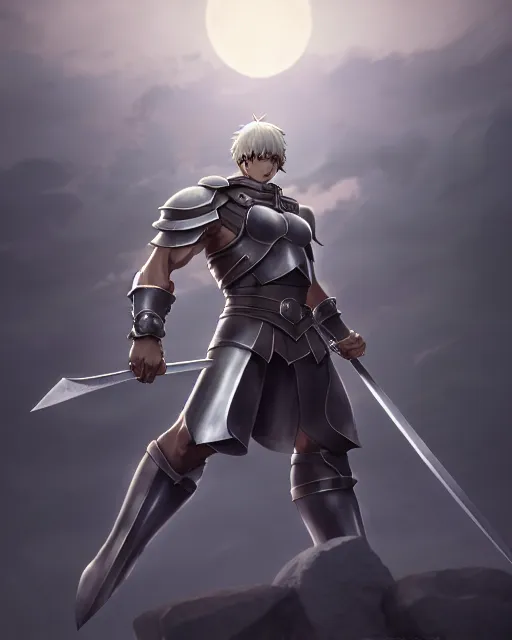 Image similar to strong muscular warrior with a greatsword and fully clad in plate armor, dramatic action pose, square masculine jaw, short messy hair, 3 d octane render, unreal engine 5, ultra high detail, cel shaded, trending on pixiv fanbox, by greg rutkowski makoto shinkai takashi takeuchi studio ghibli, akihiko yoshida