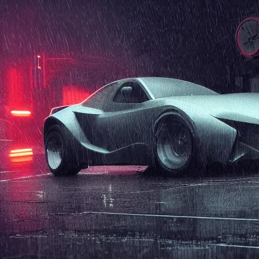 Prompt: a picture of a car in the rain, cyberpunk art by fyodor vasilyev, zbrush central contest winner, cubo - futurism, synthwave, darksynth, retrowave