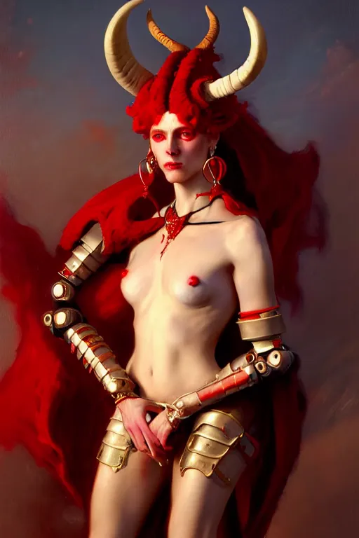 Image similar to painted close - up portrait of a very attractive red - skinned intimidating demon robot humanoid girl with ram horns! oil painting, wearing a noblewoman's outfit, fantasy art by john singer sargent and gaston bussiere and james jean and greg rutkowski, demon noble character design, hd