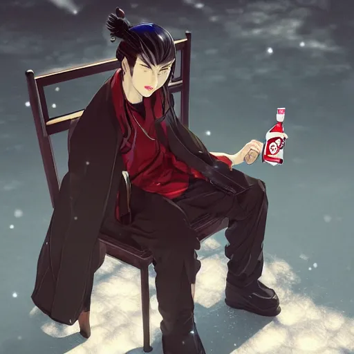 Image similar to photography of A man sitting on a chair from the Qing Dynasty ，drinking coca cola，winter,anime style character, clean soft lighting, backlit beautiful face, clean brush stroke, 8k character concept art, by WLOP and artgerm, 3d, by yoji shinkawa