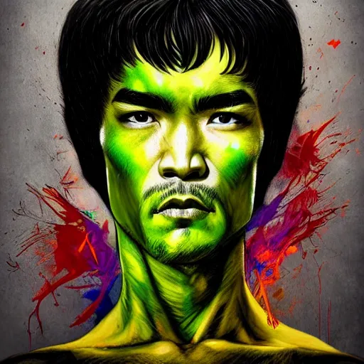 Image similar to a demon slayer portrait of bruce lee, tall, pale - skinned, and slender with lime green eyes and long eyelashes by stanley artgerm, tom bagshaw, arthur adams, carne griffiths, trending on deviant art, street art, face enhance, chillwave, maximalist, full of color, glittering