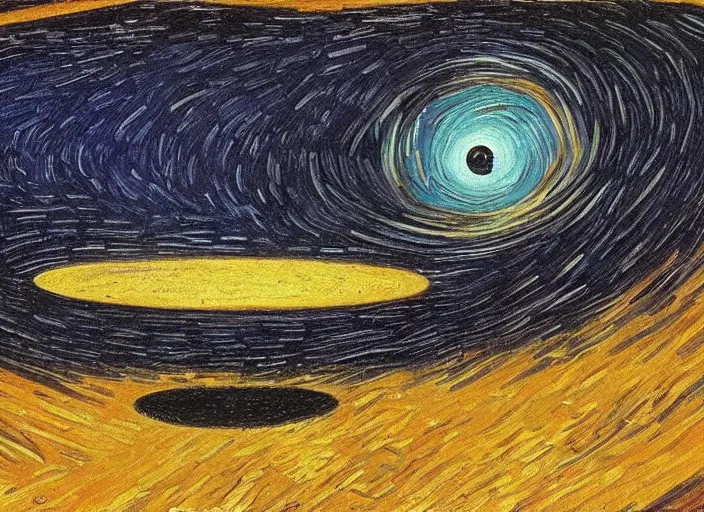 Image similar to painting of a wormhole black hole to another dimension, in the style of vincent van gogh and edward hopper and salvador dali