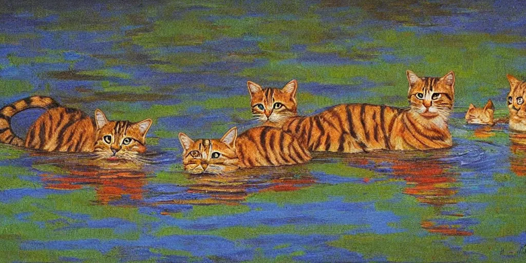 Prompt: cats swimming in a sri lankan lake by Nizovtsev, Victor