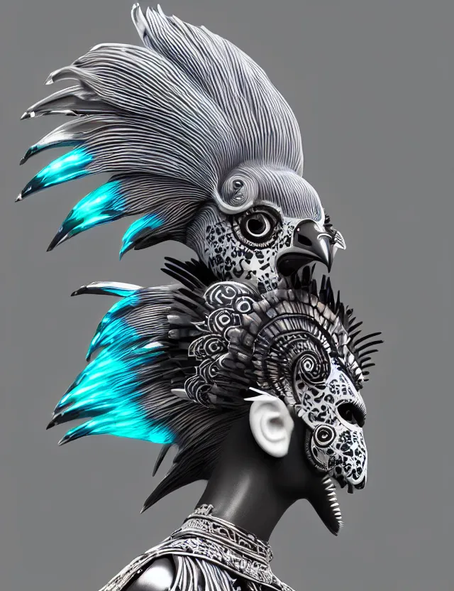 Image similar to 3 d goddess close - up profile simple portrait punk with mohawk with ram skull. beautiful intricately detailed japanese crow kitsune mask and clasical japanese kimono. betta fish, jellyfish phoenix, bio luminescent, plasma, ice, water, wind, creature, artwork by tooth wu and wlop and beeple and greg rutkowski